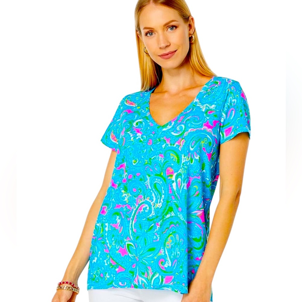Lilly Pulitzer Etta Blue Pink Vneck Short Sleeve Top S